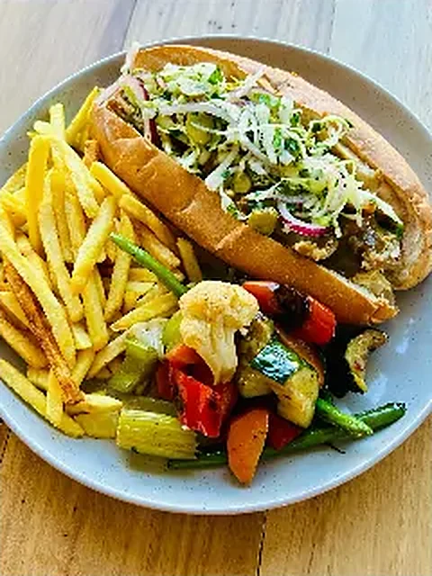 Chicken roll with fries and roast veg, on Instagram
