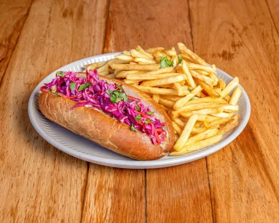 Pulled chicken curry roll with fries